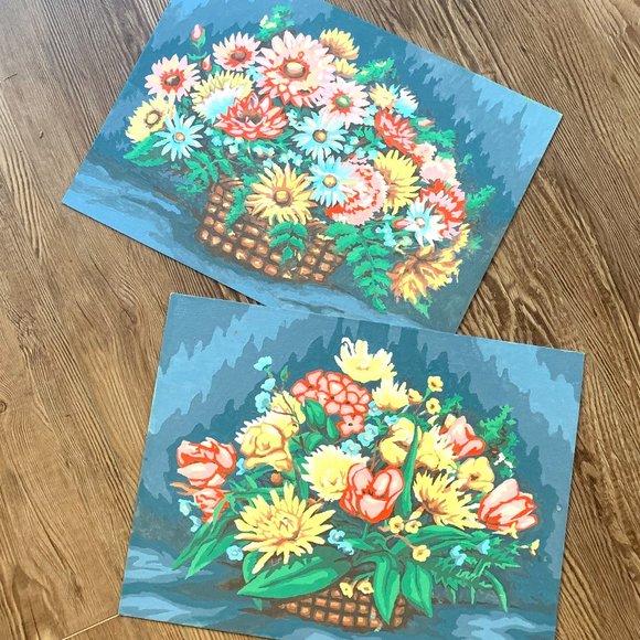 Hand Crafted Other - 2 VTG Paint by Numbers Flower Baskets Floral Cottage 70s Boho Unframed Set